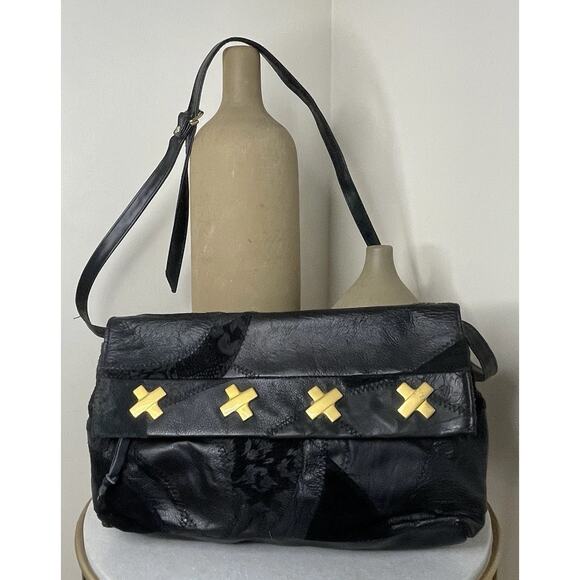 VTG Black Patchwork Boho Leather Suede 80s Shoulder Crossbody Bag Glam Studio 54 - Picture 1 of 16